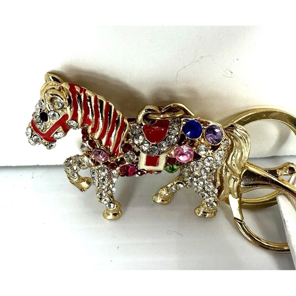 Rhinestone Horse Keychain Gold Tone Colorful Crystal Animal Bag Charm NWT